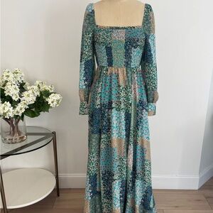 Aakaa Blue and Green Floral Patchwork Long Sleeve Maxi Dress